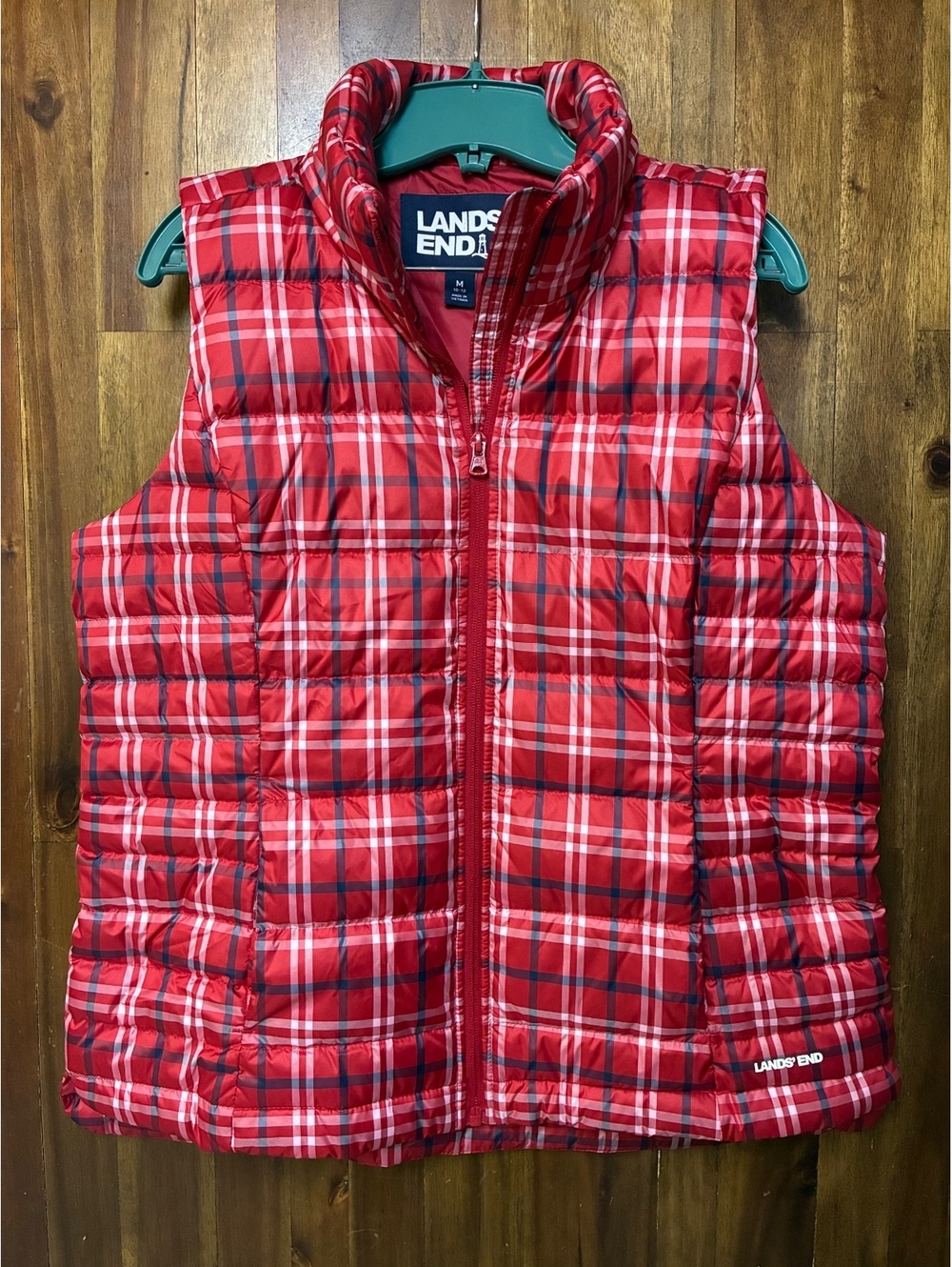 Lands’ End Red Plaid Down Puffer Vest Women’s Medium 10-12